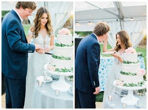 cake cutting outdoor reception wedding marquee tent three tier